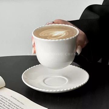 「可開發票 闆娘任性價」陶瓷咖啡杯 陶瓷杯 燕麥杯 ins風拍照道具 咖啡廳杯 杯子 日式杯珠邊碟手握杯高顏值咖啡拉花杯