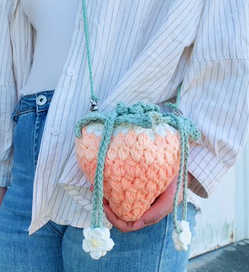 可愛草莓編織包 手作束口袋 手提/側背兩用