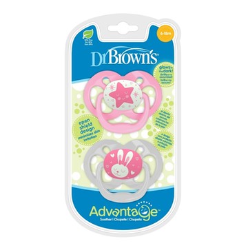任選美國Dr Brown 夜光人體工學雙面圓形安撫奶嘴 6-18月-兩入裝(女生色) 2入 DBPA22003 布朗博士