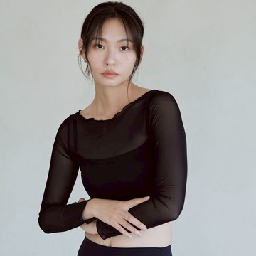 FLOW網紗長袖Bra Top(固定式胸墊)-Black