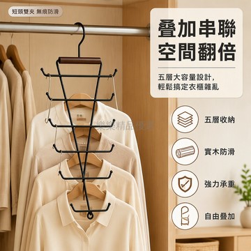 桃園出貨 三角形鐵藝實木掛衣鉤可掛10件衣服隱藏疊加設計短頸雙夾防痕防滑