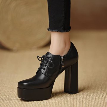 熊大叔手工女鞋10.8cm真皮粗跟單鞋高跟方頭女防水臺深口系帶厚底