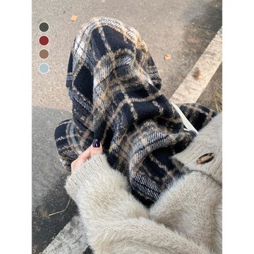 藏青色加絨格子褲子女秋冬2025新款高腰垂感闊腿褲休閑加厚毛呢褲