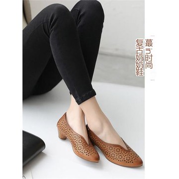 優雅女鞋真皮奶奶鞋鏤空軟皮軟底復古一腳蹬皮鞋舒適小跟單鞋女
