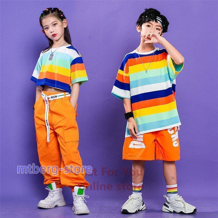 キッズダンス衣装 半袖 tシャツ 虹色 k-pop パンツ カラフル色 子供 ダンス衣装 ヒップホップ シャツ カーゴパンツ ベルト ファッション ストリート 通販 LINEポイント最大GET LINEショッピング キッズダンス衣装 ダンス衣装 2点セット 虹色 半袖 セットアップ 男の子 tシャツ パンツ ヒップホップ 女の子 tシャツ スカート