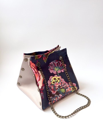 自由組合式 小方形皮革拼布手袋  淺灰色皮革 布料隨時替換