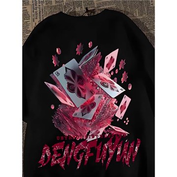 重磅純棉美式潮牌撲克牌印花短袖T恤上衣夏季ins寬松圓領男女情侶