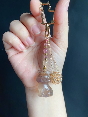 孤品 櫻花瑪瑙 果凍 貓 鑰匙圈 包掛 天然石 禮物 水晶