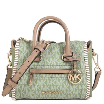 MICHAEL KORS Carine 金字大圓標Logo仿古滿版花邊小機車兩用包(秋香綠色)