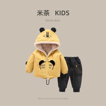 韓國嬰兒棉服套裝2023冬季新款男童加絨加厚棉衣棉褲兩件套寶寶裝