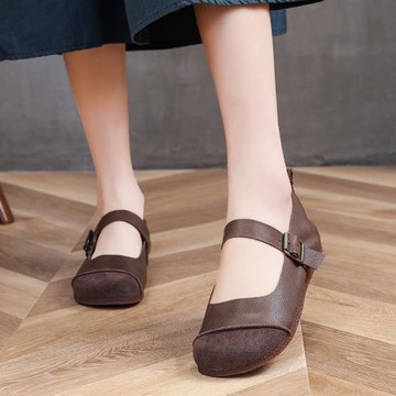 2025年春夏手工真皮復古女鞋淺口圓頭平底單鞋一字扣休閑瑪麗珍鞋