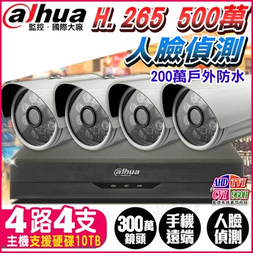 【帝網KingNet】大華 4路4支 1080P 紅外線夜視 H.265 監控套餐 5MP 500萬 主機