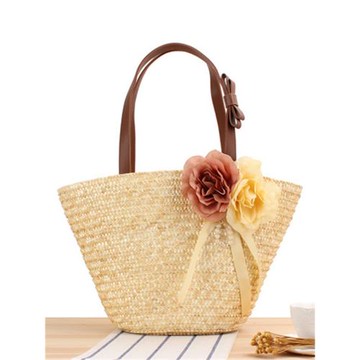 店長推薦新款田園兩朵花草編包純色時尚單肩手工麥稈編織沙灘女包