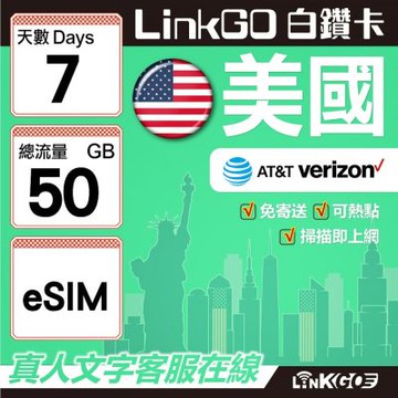 LinkGO白鑽卡 美國 eSIM卡 7天上網卡 總流量50GB 高速流量(美國網卡 舊金山 洛杉磯 紐約 西雅圖)