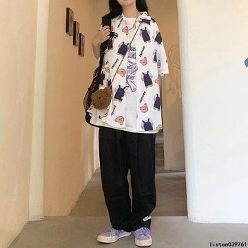 【日系小熊刺繡】夏季新款 卡通襯衫 襯衣外套 可愛ins潮 街頭男女BF寬鬆襯衫 學生女 短袖襯衫 襯衫女 韓系襯衫 美