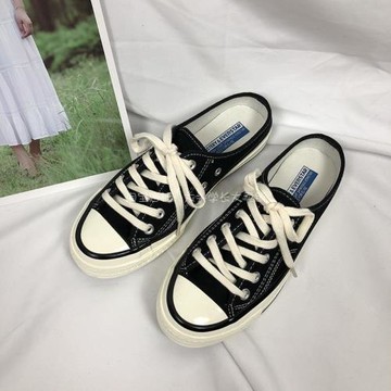 1970s黑色半拖鞋女帆布鞋2024新款學生百搭韓版可踩無后跟懶人鞋