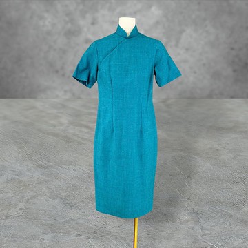 二手 藍色 輕毛料 微挺 輕薄 古董訂製 短袖 旗袍 PF420
