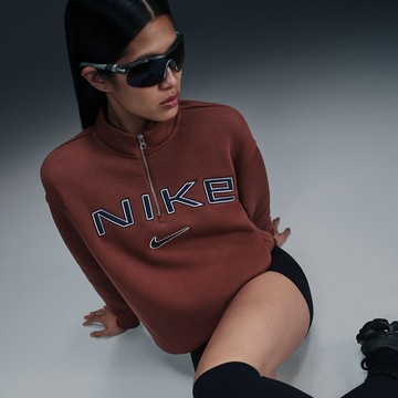 【NIKE】AS W NSW PHNX FLC OS LOGO QZ 女款 長袖上衣 立領 大學T 咖啡色-FV7680218