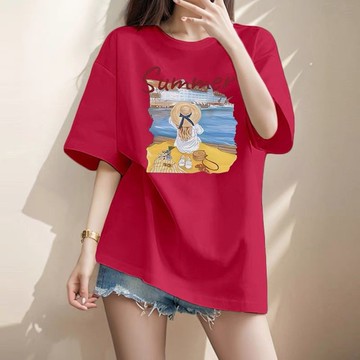伊人衣舍 大碼女裝短袖上衣 純棉 短袖T恤 女生衣服 寬鬆長版短t 中長款 上衣 大尺碼女裝 oversize 印花T恤