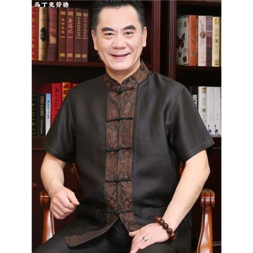 高端香云紗唐裝男夏季短袖真絲桑蠶絲莨綢爸爸男裝休閑中國風上衣