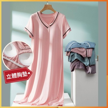 【勞闆娘嚴選】V領胸墊居家洋裝 6色M~3XL 罩杯睡衣 莫代爾睡衣 bra睡衣洋裝 胸墊睡衣短袖 胸墊睡衣 睡衣 女裝