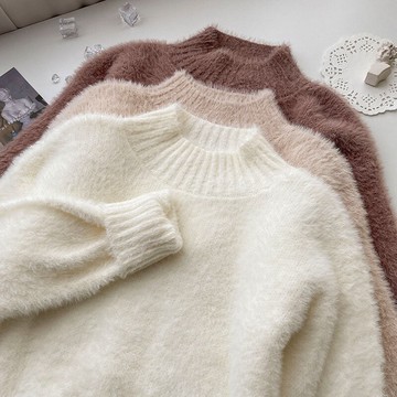 半高領毛衣女秋冬慵懶風新款冬季打底針織衫套頭水貂毛上衣