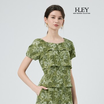 ILEY伊蕾 五角寬領細褶蛋糕印花上衣(綠；M-XL)