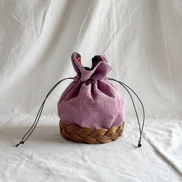 手工藤編底束口袋　印度 Kala Cotton × 木版印花