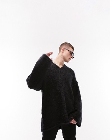 Topman heavy knitted oversized v neck jumper in washed black
