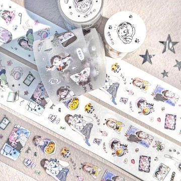 ❤NANI❤【分裝】AGUGU 你好時光系列 漫畫少女透明模切貼紙卷膠帶 閃砂PET手帳貼紙