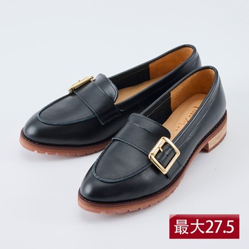 【大尺碼女鞋】側邊方釦樂福鞋(視覺顯瘦/最大27.5)-水墨黑