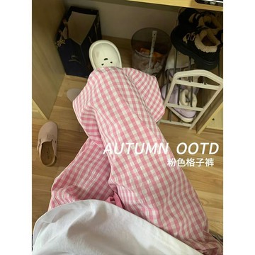 已售9642件💖赤道少女   粉色格子休閒褲   夏天   顯瘦   直筒褲  慵懶風   薄款闊腿褲   寬鬆褲子