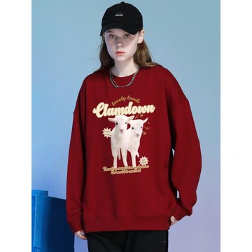 vintage美式復古風酒紅色衛衣女小眾卡通2025秋冬新款加絨上衣潮