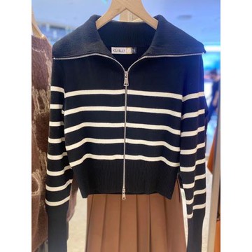 針織衫冬新品大翻領黑白條紋百搭雙拉鏈開衫女314/301