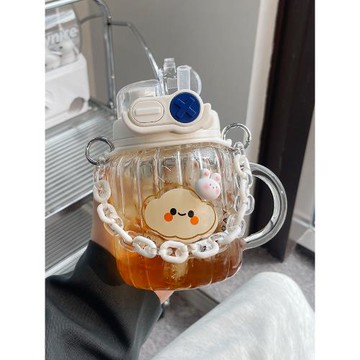 水杯玻璃杯女生新款2025高顏值網紅家用喝水帶把便攜雙飲吸管杯子
