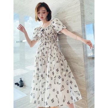 MIUCO印花方領木耳花邊松緊褶皺露腰蛋糕裙連衣裙3