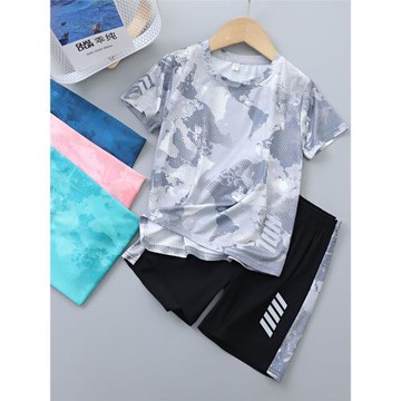 男童短袖套裝夏季兒童速干短袖短褲套裝女童夏裝冰絲兒童兩件套裝