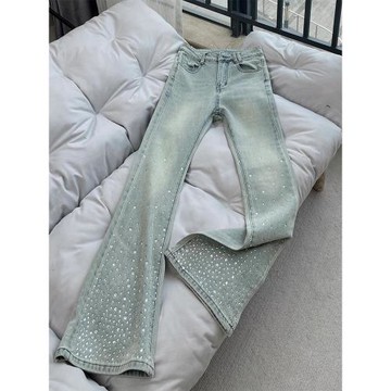 300斤大碼女裝美式高街牛仔褲女胖mm春秋重工燙鉆褲子顯瘦闊腿褲