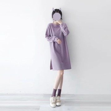 秋冬德絨衛衣裙寬松韓版圓領無帽中長款保暖打底上衣 氣質上衣 冬天衣服 大尺碼女裝 長袖上衣 顯瘦上衣 法式上衣