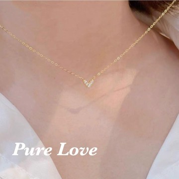 Pure Love樂芙 / 正韓 銀飾【S925純銀】N0114簡約通體純銀細閃滿鑽小愛心鎖骨鏈 短項鏈 / 金