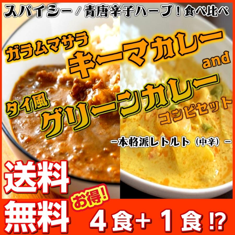 キーマカレー　＆　タイ風グリーンカレー　会員価格1000円　4食＋1食セット　本格派レトルト　スパイス　お取り寄せ　メール便商品　お試しグルメギフト