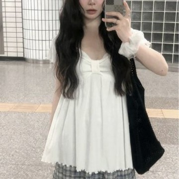 MOCO韓系chic甜美風蝴蝶結扭結褶皺木耳邊短袖遮肚長版上衣