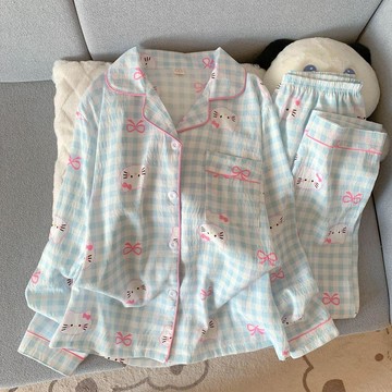 臺灣🎀睡衣 夏季睡衣 上衣日系ins風可愛小貓咪雲朵棉睡衣女長袖春秋季學生外穿家居服套裝