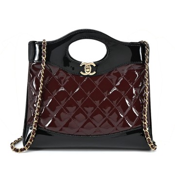 CHANEL 31經典雙C LOGO 菱格紋漆皮迷你購物包(酒紅)