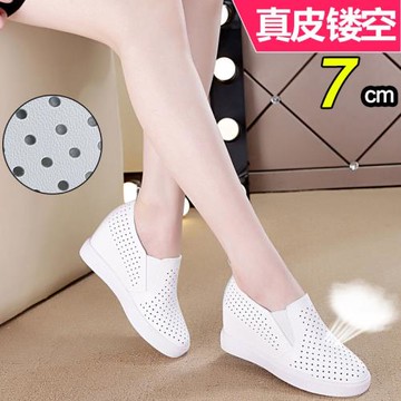 小白鞋女內增高2025新款春季百搭韓版透氣鏤空真皮顯瘦坡跟旅游鞋