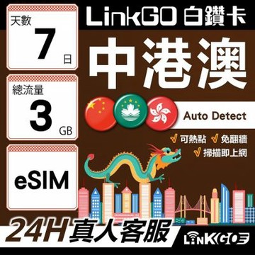 LINKGO白鑽卡 中港澳 eSIM卡 7天上網卡 總流量3GB 無限流量 免翻牆可熱點(中港澳網卡 中國 大陸 香港 澳門 虛擬卡)