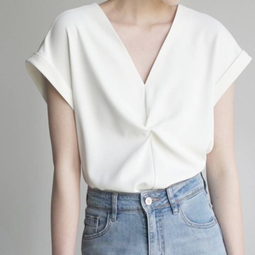 平價衣著 雪紡襯衣 雪紡上衣 素t V領短袖雪紡衫 V領上衣 胸前扭結素色上衣 OL上班族襯衫 短袖T恤 雪紡襯衫