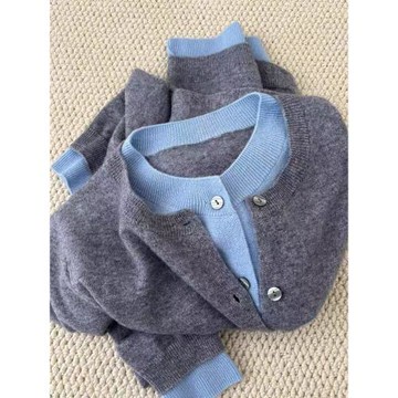 100%美麗諾羊毛開衫女短款氣質雙層門襟假兩件針織衫羊絨毛衣外套