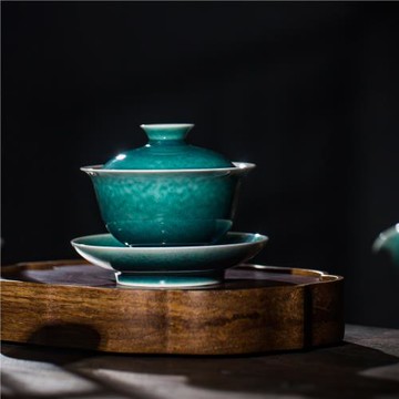 鄭家小口長沙窯 銅綠窯變釉綠野迎春小蓋碗