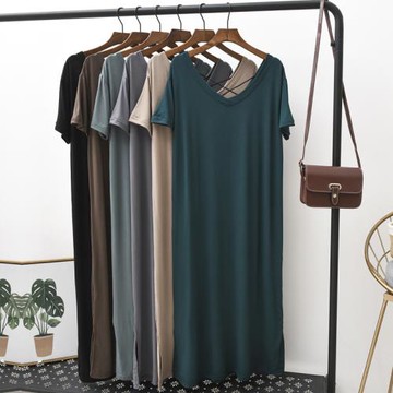 莫代爾v領露背開叉連衣裙女夏季薄款寬松大碼短袖長裙子打底睡裙